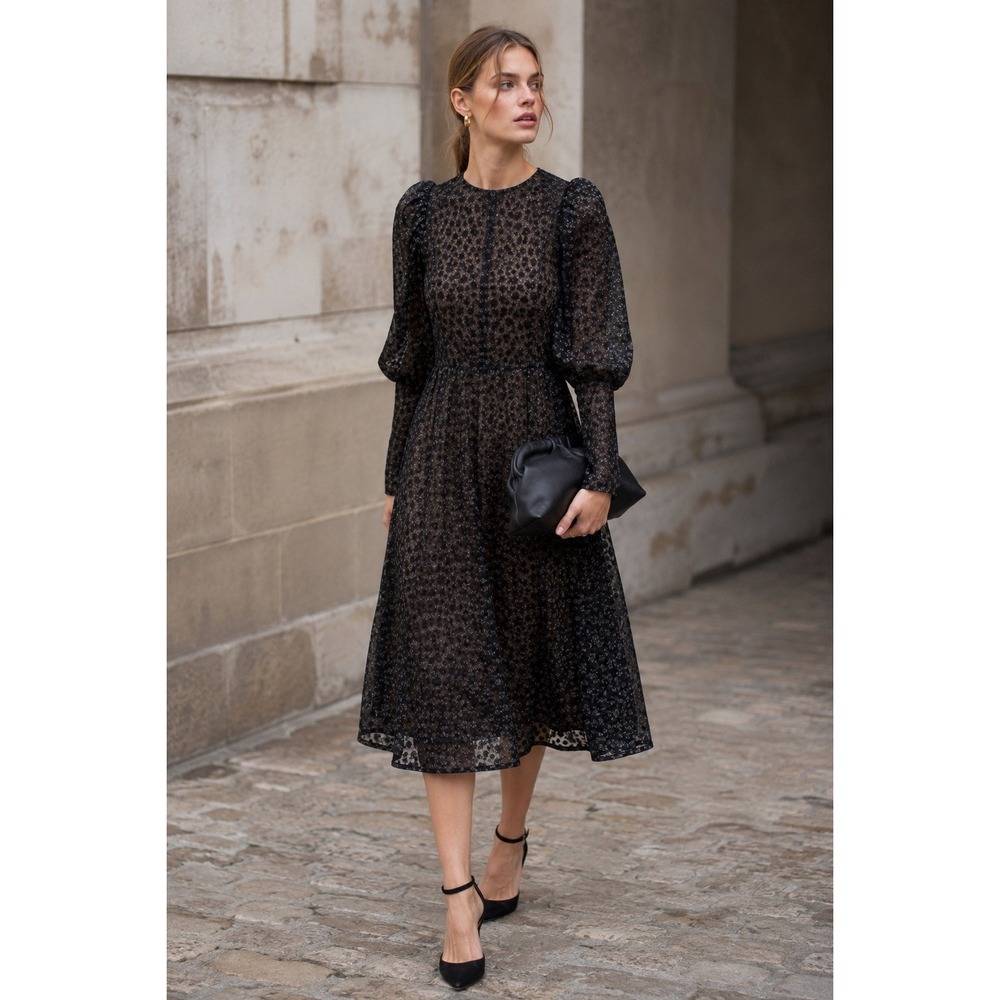 Samsøe Samsøe Pimo Midi Dress Women S Glitter Flower Metallic Lace Puff Sleeve